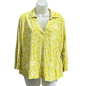 JOIE Women Sz L Chartreuse Green Floral Linen Blend V-Neck Collared Blouse Top.